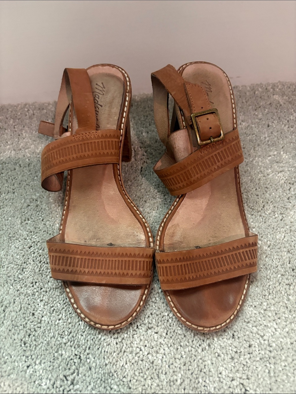 Madison Tan Brown Leather Geometric Strap Sandals - Women